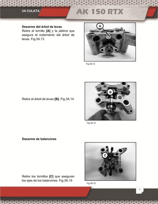 3A CULATA
8
Fig.3A.15
Fig.3A.13
Fig.3A.14
Desarme del árbol de levas
Retire el tornillo [A] y la platina que
asegura el rodamiento del árbol de
levas. Fig.3A.13
Retire el árbol de levas [B]. Fig.3A.14
Desarme de balancines
Retire los tornillos [C] que aseguran
los ejes de los balancines. Fig.3A.15
A
B
C
 