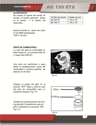 1 MANTENIMIENTO
14
Fig.1.14
Advertencia
No exceda el apriete del tornillo de
mezcla, al hacerlo generará daños
en el cuerpo y el asiento del
carburador.
Ajuste el tornillo el ralentí del motor
en las RPM especificadas
1400 ± 100 rpm.
GRIFO DE COMBUSTIBLE
La cuba del grifo de combustible se
debe limpiar en los primeros 500 km
y luego cada 3000 km.
Una cuba con sedimentos o agua
afecta el desplazamiento suave del
combustible y ocasiona pérdidas de
potencia en el motor.
Coloque la perilla del grifo en la
posición “OFF” Afloje y retire la cuba
del grifo de combustible para su
respectiva limpieza. Fig.1.14
Verifique la correcta posición del el O-
ring del grifo, Ensamble de nuevo el
grifo y colóquelo en la posición “ON”.
Fig.1.15
Tornillo de mezcla Vueltas de aire
AK 150 TT 1 3/4 ± 1/4
AK 125 TT 1 3/4 ± 1/4
Fig.1.15
 