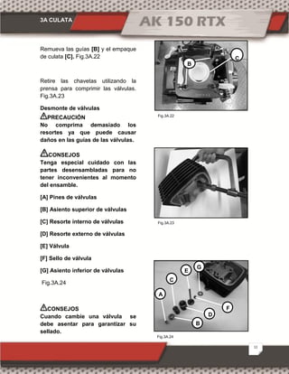 3A CULATA
11
Fig.3A.24
Fig.3A.22
Fig.3A.23
Remueva las guías [B] y el empaque
de culata [C]. Fig.3A.22
Retire las chavetas utilizando la
prensa para comprimir las válvulas.
Fig.3A.23
Desmonte de válvulas
PRECAUCIÓN
No comprima demasiado los
resortes ya que puede causar
daños en las guías de las válvulas.
CONSEJOS
Tenga especial cuidado con las
partes desensambladas para no
tener inconvenientes al momento
del ensamble.
[A] Pines de válvulas
[B] Asiento superior de válvulas
[C] Resorte interno de válvulas
[D] Resorte externo de válvulas
[E] Válvula
[F] Sello de válvula
[G] Asiento inferior de válvulas
Fig.3A.24
CONSEJOS
Cuando cambie una válvula se
debe asentar para garantizar su
sellado.
B
C
A
B
C
D
E
F
G
 