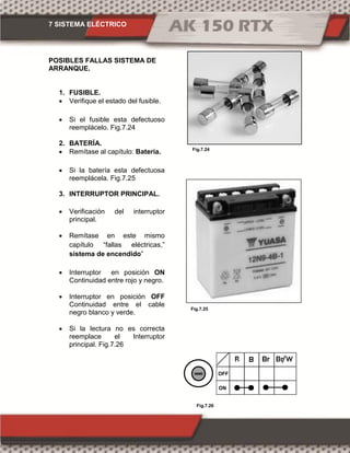 7 SISTEMA ELÉCTRICO
Fig.7.26
Fig.7.24
Fig.7.25
POSIBLES FALLAS SISTEMA DE
ARRANQUE.
1. FUSIBLE.
 Verifique el estado del fusible.
 Si el fusible esta defectuoso
reemplácelo. Fig.7.24
2. BATERÍA.
 Remítase al capítulo: Batería.
 Si la batería esta defectuosa
reemplácela. Fig.7.25
3. INTERRUPTOR PRINCIPAL.
 Verificación del interruptor
principal.
 Remítase en este mismo
capítulo “fallas eléctricas,”
sistema de encendido”
 Interruptor en posición ON
Continuidad entre rojo y negro.
 Interruptor en posición OFF
Continuidad entre el cable
negro blanco y verde.
 Si la lectura no es correcta
reemplace el Interruptor
principal. Fig.7.26
ON
OFF
 