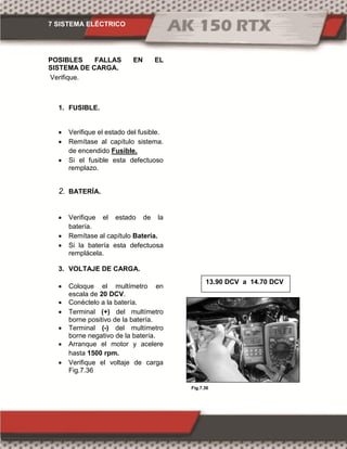 7 SISTEMA ELÉCTRICO
Fig.7.36
POSIBLES FALLAS EN EL
SISTEMA DE CARGA.
Verifique.
1. FUSIBLE.
 Verifique el estado del fusible.
 Remítase al capítulo sistema.
de encendido Fusible.
 Si el fusible esta defectuoso
remplazo.
2. BATERÍA.
 Verifique el estado de la
batería.
 Remítase al capítulo Batería.
 Si la batería esta defectuosa
remplácela.
3. VOLTAJE DE CARGA.
 Coloque el multímetro en
escala de 20 DCV.
 Conéctelo a la batería.
 Terminal (+) del multímetro
borne positivo de la batería.
 Terminal (-) del multímetro
borne negativo de la batería.
 Arranque el motor y acelere
hasta 1500 rpm.
 Verifique el voltaje de carga
Fig.7.36
13.90 DCV a 14.70 DCV
 
