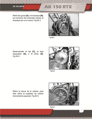 3E VOLANTE
3
Fig.3E.6
Fig.3E.4
Fig.3E.5
Retire las guías [A] y el empaque [B],
(al momento del ensamble cambie el
empaque por uno nuevo). Fig.3E.4
Desensamble el eje [C], el buje
espaciador [D], y el piñón [E].
Fig.3E.5
Retire la tuerca de la volante, para
esto utilice el sujetador de volante
(herramienta especial). Fig.3E.6
A
B
C E
D
 
