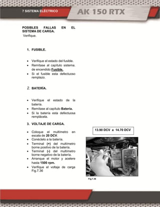 7 SISTEMA ELÉCTRICO
Fig.7.36
POSIBLES FALLAS EN EL
SISTEMA DE CARGA.
Verifique.
1. FUSIBLE.
 Verifique el estado del fusible.
 Remítase al capítulo sistema.
de encendido Fusible.
 Si el fusible esta defectuoso
remplazo.
2. BATERÍA.
 Verifique el estado de la
batería.
 Remítase al capítulo Batería.
 Si la batería esta defectuosa
remplácela.
3. VOLTAJE DE CARGA.
 Coloque el multímetro en
escala de 20 DCV.
 Conéctelo a la batería.
 Terminal (+) del multímetro
borne positivo de la batería.
 Terminal (-) del multímetro
borne negativo de la batería.
 Arranque el motor y acelere
hasta 1500 rpm.
 Verifique el voltaje de carga
Fig.7.36
13.90 DCV a 14.70 DCV
 