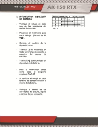 7 SISTEMA ELÉCTRICO
Fig.7.51
5. INTERRUPTOR INDICADOR
DE CAMBIOS
 Verifique el voltaje de cada
una de las posiciones del
sensor de cambios.
 Posicione el multímetro para
medir voltaje (Escala de 20
VDC).
 Conecte el medidor de la
siguiente forma.
 Terminal (-) del multímetro en
Cada terminal perteneciente al
conector del sensor de
cambios.
 Terminal (+) del multímetro en
el positivo de la batería.
 Para la verificación utilice
como base el diagrama
mostrado Fig.7.51
 Al verifique el voltaje en cada
terminal del sensor debe ser el
mismo de la batería.
 Verifique el estado de los
conectores del circuito, repare
o cambie de ser necesario.
MARCHA TIERRA G/R P L/R G/B Y/R Y/W
N
1
2
3
4
5
 