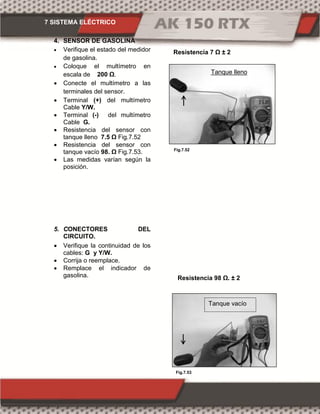 7 SISTEMA ELÉCTRICO
Fig.7.52
Fig.7.53
4. SENSOR DE GASOLINA
 Verifique el estado del medidor
de gasolina.
 Coloque el multímetro en
escala de 00 Ω.
 Conecte el multímetro a las
terminales del sensor.
 Terminal (+) del multímetro
Cable Y/W.
 Terminal (-) del multímetro
Cable G.
 Resistencia del sensor con
tanque lleno 7.5 Ω Fig.7.52
 Resistencia del sensor con
tanque vacío 98. Ω Fig.7.53.
 Las medidas varían según la
posición.
5. CONECTORES DEL
CIRCUITO.
 Verifique la continuidad de los
cables: G y Y/W.
 Corrija o reemplace.
 Remplace el indicador de
gasolina.
Resistencia 7 Ω ± 2
Resistencia 98 Ω. ± 2
Tanque lleno
Tanque vacío
 