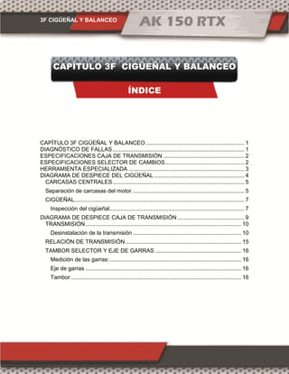 3F CIGÜEÑAL Y BALANCEO
CAPÍTULO 3F CIGÜEÑAL Y BALANCEO
ÍNDICE
CAPÍTULO 3F CIGÜEÑAL Y BALANCEO .............................................................. 1
DIAGNÓSTICO DE FALLAS................................................................................... 1
ESPECIFICACIONES CAJA DE TRANSMISIÓN ................................................... 2
ESPECIFICACIONES SELECTOR DE CAMBIOS.................................................. 2
HERRAMIENTA ESPECIALIZADA ......................................................................... 3
DIAGRAMA DE DESPIECE DEL CIGÜEÑAL......................................................... 4
CARCASAS CENTRALES................................................................................... 5
Separación de carcasas del motor....................................................................... 5
CIGÜEÑAL........................................................................................................... 7
Inspección del cigüeñal..................................................................................... 7
DIAGRAMA DE DESPIECE CAJA DE TRANSMISIÓN .......................................... 9
TRANSMISIÓN .................................................................................................. 10
Desinstalación de la transmisión .................................................................... 10
RELACIÓN DE TRANSMISIÓN......................................................................... 15
TAMBOR SELECTOR Y EJE DE GARRAS ...................................................... 16
Medición de las garras:................................................................................... 16
Eje de garras .................................................................................................. 16
Tambor ........................................................................................................... 16
 