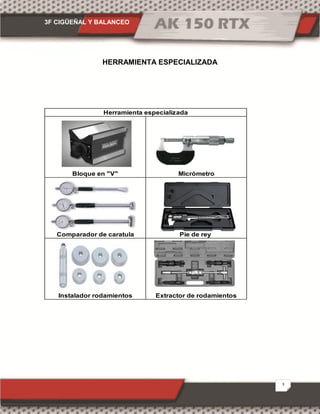 3F CIGÜEÑAL Y BALANCEO
3
HERRAMIENTA ESPECIALIZADA
Instalador rodamientos Extractor de rodamientos
Herramienta especializada
Bloque en "V" Micrómetro
Comparador de caratula Pie de rey
 
