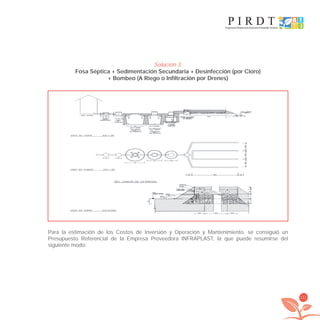 111
Solución 3.
Fosa Séptica + Sedimentación Secundaria + Desinfección (por Cloro)
+ Bombeo (A Riego o Infiltración por Drenes)
Para la estimación de los Costos de Inversión y Operación y Mantenimiento, se consiguió un
Presupuesto Referencial de la Empresa Proveedora INFRAPLAST, la que puede resumirse del
siguiente modo:
libroPIRDTultimas correcciones.indd 111libroPIRDTultimas correcciones.indd 111 8/10/09 11:07:158/10/09 11:07:15
 