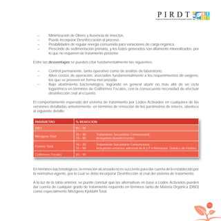 171
– Minimización de Olores y Ausencia de insectos.
– Puede incorporar Desnitriﬁcación al proceso.
– Posibilidades de regular energía consumida para variaciones de carga orgánica.
– Prescinde de sedimentación primaria, y los lodos generados son altamente mineralizados, por
lo que no requieren de tratamiento posterior.
Entre las desventajas se pueden citar fundamentalmente las siguientes:
– Control permanente, tanto operativo como de análisis de laboratorio.
– Altos costos de operación, asociados fundamentalmente a los requerimientos de oxígeno,
los que se proveen en forma mecanizada.
– Bajo abatimiento bacteriológico, logrando en general abatir no más allá de un ciclo
logarítmico en términos de Coliformes Fecales, con la consecuente necesidad de efectuar
desinfección ﬁnal al eﬂuente.
El comportamiento esperado del sistema de tratamiento por Lodos Activados en cualquiera de las
versiones detalladas anteriormente, en términos de remoción de los parámetros de interés, obedece
al siguiente detalle:
PARÁMETRO % REMOCIÓN
DBO 90 – 95
Nitrógeno Total
15 – 30 Tratamiento Secundario Convencional.
70 – 95 Incluyendo Desnitriﬁcación.
Fósforo Total
10 – 25 Tratamiento Secundario Convencional.
70 – 90 Incluyendo remoción adicional de N y P ó Remoción Química de Fósforo.
Coliformes Fecales 60 – 90
En términos bacteriológicos, la remoción alcanzada no es suﬁciente para dar cuenta de lo establecido por
la normativa vigente, por lo cual se debe incorporar Desinfección al ﬁnal del sistema de tratamiento.
A la luz de la tabla anterior, se puede concluir que las alternativas en base a Lodos Activados pueden
dar cuenta de cualquier grado de tratamiento requerido en términos tanto de Materia Orgánica (DBO)
como especialmente Nitrógeno Kjeldahl Total.
libroPIRDTultimas correcciones.indd 171libroPIRDTultimas correcciones.indd 171 8/10/09 11:07:348/10/09 11:07:34
 
