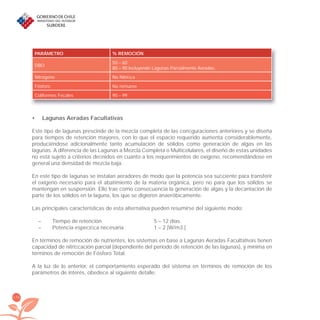 176
PARÁMETRO % REMOCIÓN
DBO
50 – 60
80 – 90 incluyendo Lagunas Parcialmente Aeradas.
Nitrógeno No Nitriﬁca
Fósforo No remueve
Coliformes Fecales 90 – 99
Lagunas Aeradas Facultativas•
Este tipo de lagunas prescinde de la mezcla completa de las conﬁguraciones anteriores y se diseña
para tiempos de retención mayores, con lo que el espacio requerido aumenta considerablemente,
produciéndose adicionalmente tanto acumulación de sólidos como generación de algas en las
lagunas. A diferencia de las Lagunas a Mezcla Completa o Multicelulares, el diseño de estas unidades
no está sujeto a criterios deﬁnidos en cuanto a los requerimientos de oxígeno, recomendándose en
general una densidad de mezcla baja.
En este tipo de lagunas se instalan aeradores de modo que la potencia sea suﬁciente para transferir
el oxígeno necesario para el abatimiento de la materia orgánica, pero no para que los sólidos se
mantengan en suspensión. Ello trae como consecuencia la generación de algas y la decantación de
parte de los sólidos en la laguna, los que se digieren anaeróbicamente.
Las principales características de esta alternativa pueden resumirse del siguiente modo:
– Tiempo de retención 5 – 12 días
– Potencia especíﬁca necesaria 1 – 2 [W/m3.]
En términos de remoción de nutrientes, los sistemas en base a Lagunas Aeradas Facultativas tienen
capacidad de nitriﬁcación parcial (dependiente del período de retención de las lagunas), y mínima en
términos de remoción de Fósforo Total.
A la luz de lo anterior, el comportamiento esperado del sistema en términos de remoción de los
parámetros de interés, obedece al siguiente detalle:
libroPIRDTultimas correcciones.indd 176libroPIRDTultimas correcciones.indd 176 8/10/09 11:07:358/10/09 11:07:35
 
