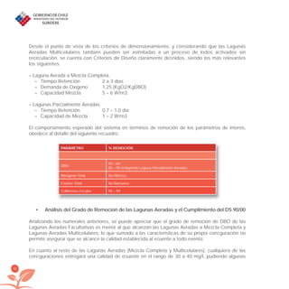 60
Desde el punto de vista de los criterios de dimensionamiento, y considerando que las Lagunas
Aeradas Multicelulares también pueden ser asimiladas a un proceso de lodos activados sin
recirculación, se cuenta con Criterios de Diseño claramente deﬁnidos, siendo los más relevantes
los siguientes.
– Laguna Aerada a Mezcla Completa.
– Tiempo Retención 2 a 3 días
– Demanda de Oxígeno 1,25 [KgO2/KgDBO]
– Capacidad Mezcla 5 – 6 W/m3.
– Lagunas Parcialmente Aeradas
– Tiempo Retención 0,7 – 1,0 día
– Capacidad de Mezcla 1 – 2 W/m3
El comportamiento esperado del sistema en términos de remoción de los parámetros de interés,
obedece al detalle del siguiente recuadro:
PARÁMETRO % REMOCIÓN
DBO
50 – 60
80 – 90 incluyendo Laguna Parcialmente Aeradas
Nitrógeno Total No Nitriﬁca
Fósforo Total No Remueve
Coliformes Fecales 90 – 99
Análisis del Grado de Remocion de las Lagunas Aeradas y el Cumplimiento del DS 90/00•
Analizando los numerales anteriores, se puede apreciar que el grado de remoción de DBO de las
Lagunas Aeradas Facultativas es menor al que alcanzan las Lagunas Aeradas a Mezcla Completa y
Lagunas Aeradas Multicelulares, lo que sumado a las características de su propia conﬁguración no
permite asegurar que se alcance la calidad establecida al eﬂuente a todo evento.
En cuanto al resto de las Lagunas Aeradas (Mezcla Completa y Multicelulares), cualquiera de las
conﬁguraciones entregará una calidad de eﬂuente en el rango de 30 a 40 mg/l, pudiendo algunas
libroPIRDTultimas correcciones.indd 60libroPIRDTultimas correcciones.indd 60 8/10/09 11:06:488/10/09 11:06:48
 