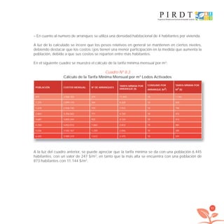 85
– En cuanto al numero de arranques se utiliza una densidad habitacional de 4 habitantes por vivienda.
A luz de lo calculado se inﬁere que los pesos relativos en general se mantienen en ciertos niveles,
debiendo destacar que los costos ﬁjos tienen una menor participación en la medida que aumenta la
población, debido a que sus costos se reparten entre más habitantes.
En el siguiente cuadro se muestra el cálculo de la tarifa mínima mensual por m3
:
Cuadro Nº 8.3
Cálculo de la Tarifa Mínima Mensual por m3
Lodos Activados
POBLACIÓN COSTOS MENSUAL Nº DE ARRANQUES
TARIFA MÍNIMA POR
ARRANQUE ($)
CONSUMO POR
ARRANQUE (M3
)
TARIFA MÍNIMA POR
M3
($)
873 2.506.103 219 11.443 10 1.144
1.375 2.899.110 344 8.428 10 843
1.478 2.928.730 370 7.915 10 792
2.843 3.356.022 711 4.720 10 472
3.687 3.802.244 922 4.124 10 412
4.250 4.052.012 1.063 3.812 10 381
5.036 3.582.767 1.259 2.846 10 285
6.445 3.989.319 1.612 2.475 10 247
A la luz del cuadro anterior, se puede apreciar que la tarifa mínima se da con una población 6.445
habitantes, con un valor de 247 $/m3
, en tanto que la más alta se encuentra con una población de
873 habitantes con 11.144 $/m3
.
libroPIRDTultimas correcciones.indd 85libroPIRDTultimas correcciones.indd 85 8/10/09 11:07:028/10/09 11:07:02
 