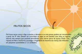 Os frutos secos,como o figo,a ameixa,o damasco e as uvas passas,podem ser introduzidos
a partir do 9º mês. Devem ser triturados na papa ou em batidos com leite ou iogurte
natural, mas sempre que possível demolhados para retirar parte do açúcar. Dada a sua
riqueza em fibra e de forma a proteger a fragilidade do intestino da criança,são indicados
em pequenas quantidades (1 a 2 unidades).
FRUTOS SECOS
__ 21 __
 