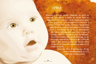 Quando a criança estiver adaptada ao puré de
legumes introduz-se o caldo de carne, feito da
seguinte forma: coze-se a carne magra (sem peles
e sem gorduras) com os legumes e retira-se a
carne no final (não se dá a carne à criança). Este
caldo de carne constitui uma etapa de transição
para a introdução da carne na alimentação
da criança. Ultrapassada esta fase, a carne é
cozida, triturada e dada no puré de legumes.
Deve-se começar pela carne de frango ou de
borrego,seguindo-se a de peru,de coelho,de
vitela e, por último, a carne de vaca.A carne
de porco só deve ser introduzida após os 12
meses de idade.
Deve dar 20 a 25 gramas por dia de
carne triturada/passada (2 a 2,5
colheres de sopa rasas).
CARNE
__ 24 __
 