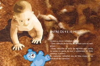 ENTRE OS 9 E 10 MESES
Quatro a cinco refeições diárias:
- Uma refeição de farinha de cereais com ou sem
glúten.
- Duas refeições de puré de legumes com carne
ou peixe ou gema de ovo e sobremesa de fruta
(almoço e jantar).
As restantes refeições são de leite materno ou
industrial de transição.
__ 46 __
 