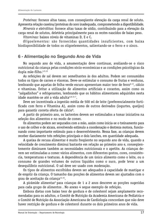 Alimentação do Lactente

Proteínas: fornece altas taxas, com conseqüente elevação da carga renal de soluto.
Apresenta relação caseína/proteínas do soro inadequada, comprometendo a digestibilidade.
Minerais e eletrólitos: fornece altas taxas de sódio, contribuindo para a elevação da
carga renal de solutos, deletéria principalmente para os recém-nascidos de baixo peso.
Vitaminas: baixos níveis de vitaminas D, E e C.
Oligoelementos: são fornecidas quantidades insuficientes, com baixa
biodisponibilidade de todos os oligoelementos, salientando-se o ferro e o zinco.

6 - Alimentação no Segundo Ano de Vida
No segundo ano de vida, a amamentação deve continuar, avaliando-se o risco
nutricional da criança pelas condições sócio-econômicas e as condições psicológicas da
dupla mãe-filho.4,5,12
As refeições de sal devem ser semelhantes às dos adultos. Podem ser consumidos
todos os tipos de carnes e vísceras. Deve-se estimular o consumo de frutas e verduras,
lembrando que aquelas de folha verde escuro apresentam maior teor de ferro6,13, cálcio
e vitaminas. Evitar a utilização de alimentos artificiais e corantes, assim como os
“salgadinhos” e refrigerantes, lembrando que os hábitos alimentares adquiridos nesta
idade mantêm-se até a vida adulta4,8,14-7.
Deve ser incentivada a ingestão média de 500 ml de leite (preferencialmente fortificado com ferro e Vitamina A), assim como de outros derivados (iogurtes, queijos)
para garantir correta oferta de cálcio8.
A partir do primeiro ano, os lactentes devem ser estimulados a tomar iniciativa na
seleção dos alimentos e no modo de comer.
Os alimentos podem ser segurados com a mão, assim como inicia-se o treinamento para
o uso de colher e de xícara, envolvendo estímulo a coordenação e destreza motora, funcionando como importante estímulo para o desenvolvimento. Nessa fase, as crianças devem
receber diariamente três refeições principais e dois lanches, em quantidade adequada.
A queixa de recusa alimentar é muito freqüente no segundo ano de vida, quando a
velocidade de crescimento diminui bastante em relação ao primeiro ano e, conseqüentemente diminuem também as necessidades nutricionais e o apetite. As crianças devem ser estimuladas a comer vários alimentos, com diferentes gostos, cores, consistência, temperaturas e texturas. A dependência de um único alimento como o leite, ou o
consumo de grandes volumes de outros líquidos como o suco, pode levar a um
desequilíbrio nutricional. O sal deve ser usado com moderação.
Os tipos de alimentos escolhidos devem ser adequados à capacidade de mastigar e
de engolir da criança. O tamanho das porções de alimentos devem ser ajustados com o
grau de aceitação da criança12,15.
A pirâmide alimentar5 para crianças de 1 a 2 anos descreve as porções sugeridas
para cada grupo de alimentos . No anexo 4 segue exemplo de refeição.
Embora dietas com baixo teor de gordura e de colesterol sejam amplamente recomendadas para os adultos, o Comitê de Nutrição da Academia Americana de Pediatria e
o Comitê de Nutrição da Associação Americana de Cardiologia concordam que não deve
haver restrição de gordura e de colesterol durante os dois primeiros anos de vida.
Manual de Orientação – Departamento de Nutrologia

17

 