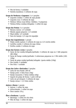 Anexos

• Pão de forma: 2 unidades
• Farinha mandioca: 3 colheres de sopa
Grupo de Verduras e Legumes: 3 a 4 porções
• Legumes cozidos: 1 colher de sopa picado
• Legumes crus: 2 colheres de sopa
• Verdura: folhas cruas folhas: 3médias / 6 pequenas
• Verdura folhas cozidas/refogadas: 1 colher de sopa
Grupo das Frutas: 3 a 4 porções
• Banana nanica: 1/2 unidade
• Mamão papaia pequeno: 1/2 unidade
• Maçã média: 1/2 unidade
• Suco de laranja: 1/2 copo de requeijão
Grupo das Leguminosas: 1 porção
• Feijão cozido (grãos): 2 colheres de sopa ou 1/2 concha média
• Lentilha cozida: 2 colheres de sopa cheias
• Ervilha cozida: 2 colheres de sopa
Grupo das Carnes e ovos: 2 porções
• Carne de boi cozido/refogado/grelhado: 3 colheres de sopa ou 1 bife pequeno
(80-100g)
• Carne de frango cozido/grelhado: 2 sobrecoxas pequenas ou 1 filé médio (100120g)
• Carne de peixe cozido/grelhado/refogado: 1posta média (150g)
• Ovo Cozido: 2 unidades
• Ovo frito: 1 unidade
Grupo dos Leite e Derivados: 2 porções
• Leite de vaca fluido: 200 ml
• Queijo prato: 2 fatia finas (30g)
• Queijo mussarela: 2 fatias médias (40g)
• Iogurte de polpa de frutas: 1 pote (120 g)
• Leite em pó integral: 2 colheres de sopa
• Queijo minas: 1 1/2 fatia média
Açúcar e Doces: 1 porção
• Açúcar: 1 colher de sopa
• Achocolatado: 1 colher de sopa
• Doce caseiro: 20 g
Óleo e Gorduras: 1 porção
• Manteiga: 1 colher de chá cheia
• Óleo de Soja: 1 colher de sopa
58

Manual de Orientação – Departamento de Nutrologia

 