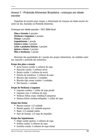 Anexos

Anexo 7 - Pirâmide Alimentar Brasileira - crianças em idade
escolar
Sugestões de porções para compor a alimentação de crianças em idade escolar durante um dia, baseadas na Pirâmide Alimentar.
Crianças em idade escolar - VET 2000 Kcal
Pães e Cereais: 6 porções
Verduras e Legumes: 4 porções
Frutas: 4 porções
Leguminosas: 1 porção
Carnes e ovos: 2 porções
Leite e produtos lácteos: 3 porções
Açúcar e doces: 2 porções
Óleo e Gorduras: 1 porção
Descrição das quantidades de 1 porção dos grupos alimentares, em medidas caseiras, segundo a pirâmide dos alimentos:
Grupo dos pães e cereais
• Arroz branco cozido: 4 colheres de sopa
• Macarrão cozido: 3 colheres servir
• Batata cozida: 3 colheres de servir
• Farinha de mandioca: 3 colheres de sopa
• Biscoito tipo maisena: 7 unidades
• Biscoito tipo cream cracker: 5 unidades
• Pão francês: 1 unidade
Grupo de Verduras e Legumes
• Legumes cozidos: 1 colher de sopa picado
• Legumes crus: 2 colheres de sopa
• Verdura: folhas cruas: 3médias/6 pequenas
• Verdura folhas cozidas/refogadas: 1 colher de sopa
Grupo das frutas
• Banana nanica: 1/2 unidade
• Mamão papaia: 1/2 unidade pequena
• Maçã: 1/2 unidade média
• Suco de laranja: 1/2 copo de requeijão
Grupo das leguminosas
• Feijão cozido (grãos): 2 colheres de sopa
• Ervilha cozida: 2 colheres de sopa
• Lentilha cozida: 2 colheres de sopa cheias
Manual de Orientação – Departamento de Nutrologia

59

 