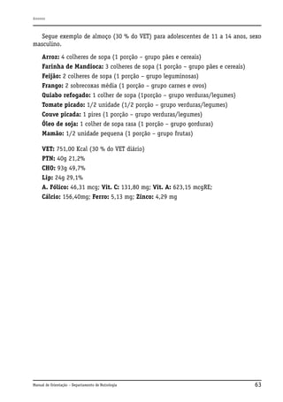 Anexos

Segue exemplo de almoço (30 % do VET) para adolescentes de 11 a 14 anos, sexo
masculino.
Arroz: 4 colheres de sopa (1 porção – grupo pães e cereais)
Farinha de Mandioca: 3 colheres de sopa (1 porção – grupo pães e cereais)
Feijão: 2 colheres de sopa (1 porção – grupo leguminosas)
Frango: 2 sobrecoxas média (1 porção – grupo carnes e ovos)
Quiabo refogado: 1 colher de sopa (1porção – grupo verduras/legumes)
Tomate picado: 1/2 unidade (1/2 porção – grupo verduras/legumes)
Couve picada: 1 pires (1 porção – grupo verduras/legumes)
Óleo de soja: 1 colher de sopa rasa (1 porção – grupo gorduras)
Mamão: 1/2 unidade pequena (1 porção – grupo frutas)
VET: 751,00 Kcal (30 % do VET diário)
PTN: 40g 21,2%
CHO: 93g 49,7%
Lip: 24g 29,1%
A. Fólico: 46,31 mcg; Vit. C: 131,80 mg; Vit. A: 623,15 mcgRE;
Cálcio: 156,40mg; Ferro: 5,13 mg; Zinco: 4,29 mg

Manual de Orientação – Departamento de Nutrologia

63

 
