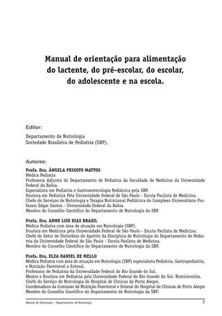Manual de orientação para alimentação
do lactente, do pré-escolar, do escolar,
do adolescente e na escola.

Editor:
Departamento de Nutrologia
Sociedade Brasileira de Pediatria (SBP).

Autores:
Profa. Dra. ÂNGELA PEIXOTO MATTOS
Médica Pediatra
Professora Adjunta do Departamento de Pediatria da Faculdade de Medicina da Universidade
Federal da Bahia.
Especialista em Pediatria e Gastroenterologia Pediátrica pela SBP.
Doutora em Pediatria Pela Universidade Federal de São Paulo - Escola Paulista de Medicina.
Chefe do Serviços de Nutrologia e Terapia Nutricional Pediátrica do Complexo Universitário Professor Edgar Santos - Universidade Federal da Bahia.
Membro do Conselho Científico do Departamento de Nutrologia da SBP.
Profa. Dra. ANNE LISE DIAS BRASIL
Médica Pediatra com área de atuação em Nutrologia (SBP).
Doutora em Medicina pela Universidade Federal de São Paulo - Escola Paulista de Medicina.
Chefe do Setor de Distúrbios do Apetite da Disciplina de Nutrologia do Departamento de Pediatria da Universidade Federal de São Paulo - Escola Paulista de Medicina.
Membro do Conselho Científico do Departamento de Nutrologia da SBP.
Profa. Dra. ELZA DANIEL DE MELLO
Médica Pediatra com área de atuação em Nutrologia (SBP) especialista Pediatria, Gastropediatria,
e Nutrição Parenteral e Enteral.
Professora de Pediatria da Universidade Federal do Rio Grande do Sul.
Mestre e Doutora em Pediatria pela Universidade Federal do Rio Grande do Sul. Nutricionista.
Chefe do Serviço de Nutrologia do Hospital de Clínicas de Porto Alegre.
Coordenadora da Comissão de Nutrição Parenteral e Enteral do Hospital de Clínicas de Porto Alegre
Membro do Conselho Científico do Departamento de Nutrologia da SBP.
Manual de Orientação – Departamento de Nutrologia

7

 