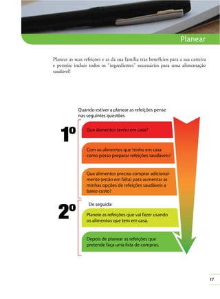 17
Planear
Planear
Planear as suas refeições e as da sua família traz benefícios para a sua carteira
e permite incluir todos os “ingredientes” necessários para uma alimentação
saudável!
 