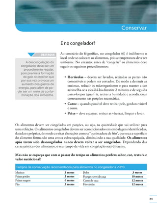 61
Conservar
E no congelador?
Ao contrário do frigoríﬁco, no congelador (6) é indiferente o
local onde se colocam os alimentos, pois a temperatura deve ser
uniforme. No entanto, antes de “congelar” os alimentos deve
seguir os seguintes procedimentos:
Hortícolas – devem ser lavados, retiradas as partes não
comestíveis e podem ser cortados. De modo a destruir as
enzimas, reduzir os microrganismos e para manter a cor
aconselha-se a escaldá-los durante 2 minutos e de seguida
passa-los por água fria, retirar a humidade e acondicionar
corretamente nas porções necessárias.
Carne – quando possível deve retirar pele, gordura visível
e ossos.
Peixe – deve escamar, retirar as vísceras, limpar e lavar.
Tempos de conservação recomendados para alimentos no congelador a -18ºC
3 meses
3 meses
6 meses
3 meses
Marisco
Peixes gordos
Peixes magros
Pão
12 meses
12 meses
Carne de vaca
Hortícolas
10 mesesFrango e aves de caça
3 mesesBolos
A descongelação do
congelador deve ser um
procedimento regular,
pois previne a formação
de gelo no interior que
por sua vez provoca um
aumento dos gastos de
energia, para além de po-
der ser um meio de conta-
minação dos alimentos.
Os alimentos devem ser congelados em porções, ou seja, na quantidade que vai utilizar para
uma refeição. Os alimentos congelados devem ser acondicionados em embalagens identiﬁcadas,
datadas e próprias, de modo a evitar alterações como a “queimadura de frio”, que seca a superfície
do alimento formando uma crosta esbranquiçada, diminuindo a sua qualidade. Os alimentos
após terem sido descongelados nunca devem voltar a ser congelados. Dependendo das
características dos alimentos, o seu tempo de vida em congelação será diferente.
Mas não se esqueça que com o passar do tempo os alimentos perdem sabor, cor, textura e
valor nutricional!
 