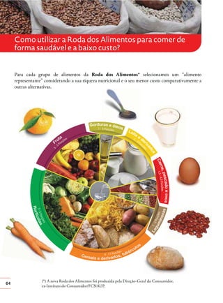 64
Como utilizar a Roda dos Alimentos para comer de
forma saudável e a baixo custo?
Para cada grupo de alimentos da Roda dos Alimentos* selecionamos um “alimento
representante” considerando a sua riqueza nutricional e o seu menor custo comparativamente a
outras alternativas.
(*) A nova Roda dos Alimentos foi produzida pela Direção-Geral do Consumidor,
ex-Instituto do Consumidor/FCNAUP.
 