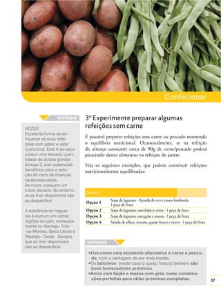 Confecionar

NOZES
Excelente forma de enriquecer as suas refeições com sabor e valor
nutricional. Este fruto seco
possuí uma elevada quantidade de ácidos gordos
ómega-3, com potenciais
benefícios para a redução do risco de doenças
cardiovasculares.
As nozes possuem um
custo elevado. No entanto,
se as tiver disponíveis não
as desperdice!
A existência de nogueiras é comum em certas
regiões do país, nomeadamente no Alentejo, Trás-os-Montes, Beira Litoral e
Ribatejo- Oeste. Sempre
que as tiver disponíveis
não as desperdice!

3º Experimente preparar algumas
refeições sem carne
É possível preparar refeições sem carne ou pescado mantendo
o equilíbrio nutricional. Ocasionalmente, se na refeição
do almoço consumir cerca de 90g de carne/pescado poderá
prescindir destes alimentos na refeição do jantar.
Veja os seguintes exemplos, que podem constituir refeições
nutricionalmente equilibradas:

Como?
Opção 1
Opção 2
Opção 3
Opção 4

Sopa de legumes - Açorda de ovo e couve lombarda
1 peça de fruta
Sopa de legumes com feijão e arroz - 1 peça de fruta
Sopa de legumes com grão e massa - 1 peça de fruta
Salada de alface, tomate, queijo fresco e nozes - 1 peça de fruta

Ovo como uma excelente alternativa à carne e pescado, com a vantagem de ser mais barata.
laticínios (neste caso o queijo fresco) também são
bons fornecedores proteicos.
Arroz com feijão e massa com grão como combinações perfeitas para obter proteínas completas.

37

 