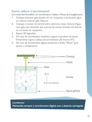 31
Lembrete:
Mantenha sempre o termômetro digital com a bateria carregada.
Como calibrar o termômetro?
Um modo fácil de calibrar um termômetro é utilizar o Ponto de Congelamento:
1.	 Coloque bastante gelo picado em um recipiente e acrescente água
no mesmo nível do gelo. Misture;
2.	 Coloque o sensor do termômetro submerso nesta mistura d’água
com gelo, não deixando que a ponta do sensor encoste nas laterais
ou no fundo do recipiente;
3.	 Espere 30 segundos;
4.	 No caso de termômetro mecânico, segure o parafuso de ajuste
firmemente e gire a cabeça do termômetro até marcar 0ºC;
5.	 No caso de termômetro digital, pressione o botão “Reset” para
ajustar a temperatura.
 