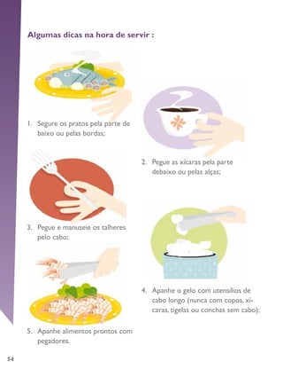 54
Algumas dicas na hora de servir :
1.	 Segure os pratos pela parte de
baixo ou pelas bordas;
3.	 Pegue e manuseie os talheres
pelo cabo;
5.	 Apanhe alimentos prontos com
pegadores.
2.	 Pegue as xícaras pela parte
debaixo ou pelas alças;
4.	 Apanhe o gelo com utensílios de
cabo longo (nunca com copos, xí-
caras, tigelas ou conchas sem cabo);
 