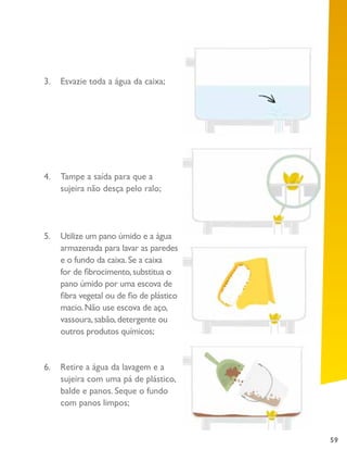 59
3.	 Esvazie toda a água da caixa;
4.	 Tampe a saída para que a
sujeira não desça pelo ralo;
5.	 Utilize um pano úmido e a água
armazenada para lavar as paredes
e o fundo da caixa.Se a caixa
for de fibrocimento,substitua o
pano úmido por uma escova de
fibra vegetal ou de fio de plástico
macio.Não use escova de aço,
vassoura,sabão,detergente ou
outros produtos químicos;
6.	 Retire a água da lavagem e a
sujeira com uma pá de plástico,
balde e panos. Seque o fundo
com panos limpos;
 