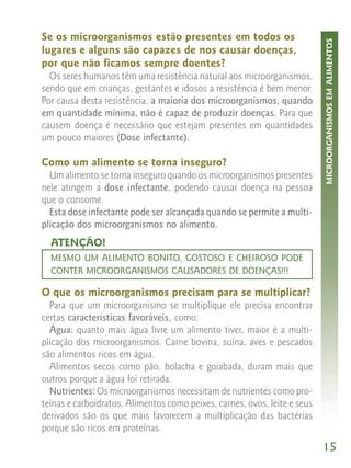 Se os microorganismos estão presentes em todos os




                                                                           MICROORGANISMOS EM ALIMENTOS
lugares e alguns são capazes de nos causar doenças,
por que não ficamos sempre doentes?
  Os seres humanos têm uma resistência natural aos microorganismos,
sendo que em crianças, gestantes e idosos a resistência é bem menor.
Por causa desta resistência, a maioria dos microorganismos, quando
em quantidade mínima, não é capaz de produzir doenças. Para que
causem doença é necessário que estejam presentes em quantidades
um pouco maiores (Dose infectante).

Como um alimento se torna inseguro?
  Um alimento se torna inseguro quando os microorganismos presentes
nele atingem a dose infectante, podendo causar doença na pessoa
que o consome.
  Esta dose infectante pode ser alcançada quando se permite a multi-
plicação dos microorganismos no alimento.
  ATENÇÃO!
  MESMO UM ALIMENTO BONITO, GOSTOSO E CHEIROSO PODE
  CONTER MICROORGANISMOS CAUSADORES DE DOENÇAS!!!

O que os microorganismos precisam para se multiplicar?
  Para que um microorganismo se multiplique ele precisa encontrar
certas características favoráveis, como:
  Água: quanto mais água livre um alimento tiver, maior é a multi-
plicação dos microorganismos. Carne bovina, suína, aves e pescados
são alimentos ricos em água.
  Alimentos secos como pão, bolacha e goiabada, duram mais que
outros porque a água foi retirada.
  Nutrientes: Os microorganismos necessitam de nutrientes como pro-
teínas e carboidratos. Alimentos como peixes, carnes, ovos, leite e seus
derivados são os que mais favorecem a multiplicação das bactérias
porque são ricos em proteínas.
                                                                           15
 