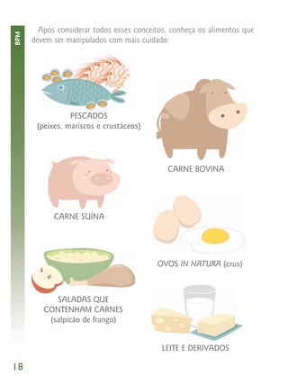 Após considerar todos esses conceitos, conheça os alimentos que
BPM


      devem ser manipulados com mais cuidado:




                 PESCADOS
       (peixes, mariscos e crustáceos)




                                             CARNE BOVINA




            CARNE SUÍNA




                                          OVOS IN NATURA (crus)



            SALADAS QUE
         CONTENHAM CARNES
          (salpicão de frango)


                                            LEITE E DERIVADOS

18
 