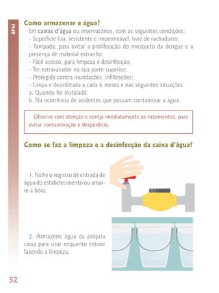 Como armazenar a água?
BPM


        Em caixas d’água ou reservatórios, com as seguintes condições:
        - Superfície lisa, resistente e impermeável, livre de rachaduras;
        - Tampada, para evitar a proliferação do mosquito da dengue e a
        presença de material estranho;
        - Fácil acesso, para limpeza e desinfecção;
        - Ter estravasador na sua parte superior;
        - Protegida contra inundações, infiltrações;
        - Limpa e desinfetada a cada 6 meses e nas seguintes situações:
        a. Quando for instalada;
        b. Na ocorrência de acidentes que possam contaminar a água.

          Observe com atenção e corrija imediatamente os vazamentos, para
        evitar contaminação e desperdício.


      Como se faz a limpeza e a desinfecção da caixa d’água?



        1. Feche o registro de entrada de
      água do estabelecimento ou amar-
      re a bóia;




        2. Armazene água da própria
      caixa para usar enquanto estiver
      fazendo a limpeza;



52
 