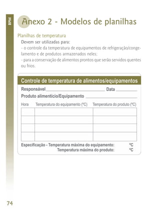 BPM


        Anexo 2 - Modelos de planilhas
      Planilhas de temperatura
       Devem ser utilizadas para:
       - o controle da temperatura de equipamentos de refrigeração/conge-
       lamento e de produtos armazenados neles;
       - para a conservação de alimentos prontos que serão servidos quentes
       ou frios.




74
 