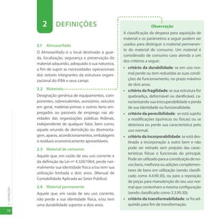 10
2
-
DEFINIÇÕES
2 DEFINIÇÕES
2.1 Almoxarifado
O Almoxarifado é o local destinado à guar-
da, localização, segurança e preservação do
material adquirido, adequado à sua natureza,
a fim de suprir as necessidades operacionais
dos setores integrantes da estrutura organi-
zacional do IFBA e seus campi.
2.2 Materiais
Designação genérica de equipamentos, com-
ponentes, sobressalentes, acessórios, veículos
em geral, matérias-primas e outros itens em-
pregados ou passíveis de emprego nas ati-
vidades das organizações públicas federais,
independente de qualquer fator, bem como,
aquele oriundo de demolição ou desmonta-
gem,aparas,acondicionamentos,embalagens
e resíduos economicamente aproveitáveis.
2.3 Material de consumo
Aquele que, em razão de seu uso corrente e
da definição da Lei nº 4.320/1964, perde nor-
malmente sua identidade física e/ou tem sua
utilização limitada a dois anos. (Manual de
Contabilidade Aplicada ao Setor Público)
2.4 Material permanente
Aquele que, em razão de seu uso corrente,
não perde a sua identidade física, e/ou tem
uma durabilidade superior a dois anos.
Observação
A classificação da despesa para aquisição de
material e os parâmetros a seguir podem ser
usados para distinguir o material permanen-
te do material de consumo. Um material é
considerado de consumo caso atenda a um
dos critérios a seguir:
• critério da durabilidade: se em uso nor-
mal perde ou tem reduzidas as suas condi-
ções de funcionamento, no prazo máximo
de dois anos;
• critério da fragilidade: se sua estrutura for
quebradiça, deformável ou danificável, ca-
racterizando sua irrecuperabilidade e perda
de sua identidade ou funcionalidade;
• critério da perecibilidade: se está sujeito
a modificações (químicas ou físicas) ou se
deteriora ou perde sua característica pelo
uso normal;
• critério da incorporabilidade: se está des-
tinado a incorporação a outro bem e não
pode ser retirado sem prejuízo das carac-
terísticas físicas e funcionais do principal.
Podeserutilizadoparaaconstituiçãodeno-
vos bens, melhoria ou adições complemen-
tares de bens em utilização (sendo classifi-
cado como 4.4.90.30), ou para a reposição
de peças para manutenção do seu uso nor-
mal que contenham a mesma configuração
(sendo classificado como 3.3.90.30);
• critério da transformabilidade: se foi ad-
quirido para fim de transformação.
 