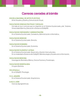 Carreras cerradas al trámite
Escuela Nacional de Artes Plásticas
Artes Visuales y Diseño y Comunicación Visual.
Facultad de Ciencias Políticas y Sociales
Cerrada en las 4 carreras que se imparten en el Sistema Escolarizado y del Sistema
Universidad Abierta y Educación a Distancia (SUAyED).
Facultad de Contaduría y Administración
En el Sistema Escolarizado: Contaduría, Administración e Informática.
Facultad de Derecho
En el Sistema Escolarizado: Derecho.
Facultad de Economía
En el Sistema Escolarizado: Economía.
FACULTAD DE FILOSOFÍA Y LETRAS
En el Sistema Escolarizado: Desarrollo y Gestión Interculturales.
En la modalidad a Distancia del SUAyED: Bibliotecología y Estudios de la Información.
FACULTAD DE MEDICINA
Investigación Biomédica Básica, Ciencia Forense y Fisioterapia.
Facultad de Odontología
Cirujano Dentista.
FES IZTACALA
En el SUAyED: Psicología.
F.E.S. ARAGÓN
En el Sistema Escolarizado: Arquitectura.
E.N.E.S. LEÓN
Ciencias Agrogenómicas.

- 16 -

 