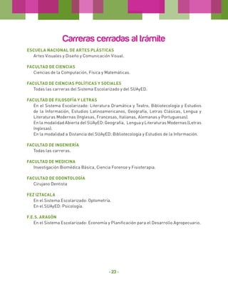 Carreras cerradas al trámite
Escuela Nacional de Artes Plásticas
Artes Visuales y Diseño y Comunicación Visual.
Facultad de Ciencias
Ciencias de la Computación, Física y Matemáticas.
FACULTAD DE CIENCIAS POLÍTICAS Y SOCIALES
Todas las carreras del Sistema Escolarizado y del SUAyED.
FACULTAD DE FILOSOFÍA Y LETRAS
En el Sistema Escolarizado: Literatura Dramática y Teatro, Bibliotecología y Estudios
de la Información, Estudios Latinoamericanos, Geografía, Letras Clásicas, Lengua y
Literaturas Modernas (Inglesas, Francesas, Italianas, Alemanas y Portuguesas).
En la modalidad Abierta del SUAyED: Geografía, Lengua y Literaturas Modernas (Letras
Inglesas).
En la modalidad a Distancia del SUAyED: Bibliotecología y Estudios de la Información.
FACULTAD DE INGENIERÍA
Todas las carreras.
FACULTAD DE MEDICINA
Investigación Biomédica Básica, Ciencia Forense y Fisioterapia.
Facultad de Odontología
Cirujano Dentista
FEZ IZTACALA
En el Sistema Escolarizado: Optometría.
En el SUAyED: Psicología.
F.E.S. ARAGÓN
En el Sistema Escolarizado: Economía y Planificación para el Desarrollo Agropecuario.

- 23 -

 
