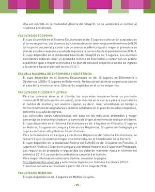 Una vez inscrito en la modalidad Abierta del SUAyED, no se autorizará el cambio al
Sistema Escolarizado.
Facultad de Economía
El cupo disponible en el Sistema Escolarizado es de: 5 lugares y sólo serán aceptados en
el turno vespertino. Los alumnos solicitantes deberán tener un promedio mínimo de 8.50
(ocho punto cincuenta) y contar con un avance académico igual o mayor al previsto a su
plan de estudios respecto a su año de ingreso a la carrera hasta el periodo lectivo 2014-1.
El cupo disponible en la modalidad Abierta del SUAyED es de: 5 lugares. Los alumnos
solicitantes deberán tener un promedio mínimo de 8.00 (ocho) y contar con un avance
académico igual o mayor al previsto a su plan de estudios respecto a su año de ingreso
a la carrera hasta el periodo lectivo 2014-1.
ESCUELA nACIONAL DE ENFERMERÍA Y OBSTETRICIA
El cupo disponible en el Sistema Escolarizado es de: 10 lugares en Enfermería y
Obstetricia (LEO) y 10 lugares en Enfermería. No hay acreditación de asignaturas aún en
el caso de la misma carrera. Sólo serán aceptados en el turno vespertino.
Facultad de Filosofía y Letras
Para las carreras abiertas al trámite, los aspirantes requieren tener un promedio
mínimo de 8.50 (ocho punto cincuenta), estar inscrito en la carrera para la cual solicita
el cambio de plantel y ser alumno regular, es decir, tener acreditadas en tiempo y
forma el número de asignaturas y créditos señalados en el plan de estudios respectivo,
conforme a su año de ingreso.
Las solicitudes serán seleccionadas con base en los más altos promedios y mayor
porcentaje de avance registrado en la carrera de origen al momento de realizar el trámite.
El cupo disponible en el Sistema Escolarizado es de: 6 lugares en Filosofía, 5 lugares
en Historia, 5 lugares en Lengua y Literaturas Hispánicas, 5 lugares en Pedagogía y 4
lugares en Desarrollo y Gestión Interculturales.
Para la licenciatura en Lengua y Literaturas Hispánicas del Sistema Escolarizado, se
requerirá que los alumnos tengan una entrevista con el Coordinador de la Carrera.
El cupo disponible en la modalidad Abierta del SUAyED es de: 3 lugares en Filosofía, 3
lugares en Historia, 3 lugares en Lengua y Literaturas Hispánicas y 3 lugares en Pedagogía.
Los requisitos de promedio y regularidad los deberán mantener hasta el término del
semestre 2014-2, ya que de lo contrario se cancelará el trámite.
Para mayor información sobre este trámite, consultar la página:
http://galileo.filos.unam.mx y seleccionar Ingreso por Trámites Escolares 2015-1.
El alumno consulta su resultado a partir del 23 de mayo de 2014.
Facultad de Medicina
El cupo disponible es de: 8 lugares en Médico Cirujano.

- 25 -

 