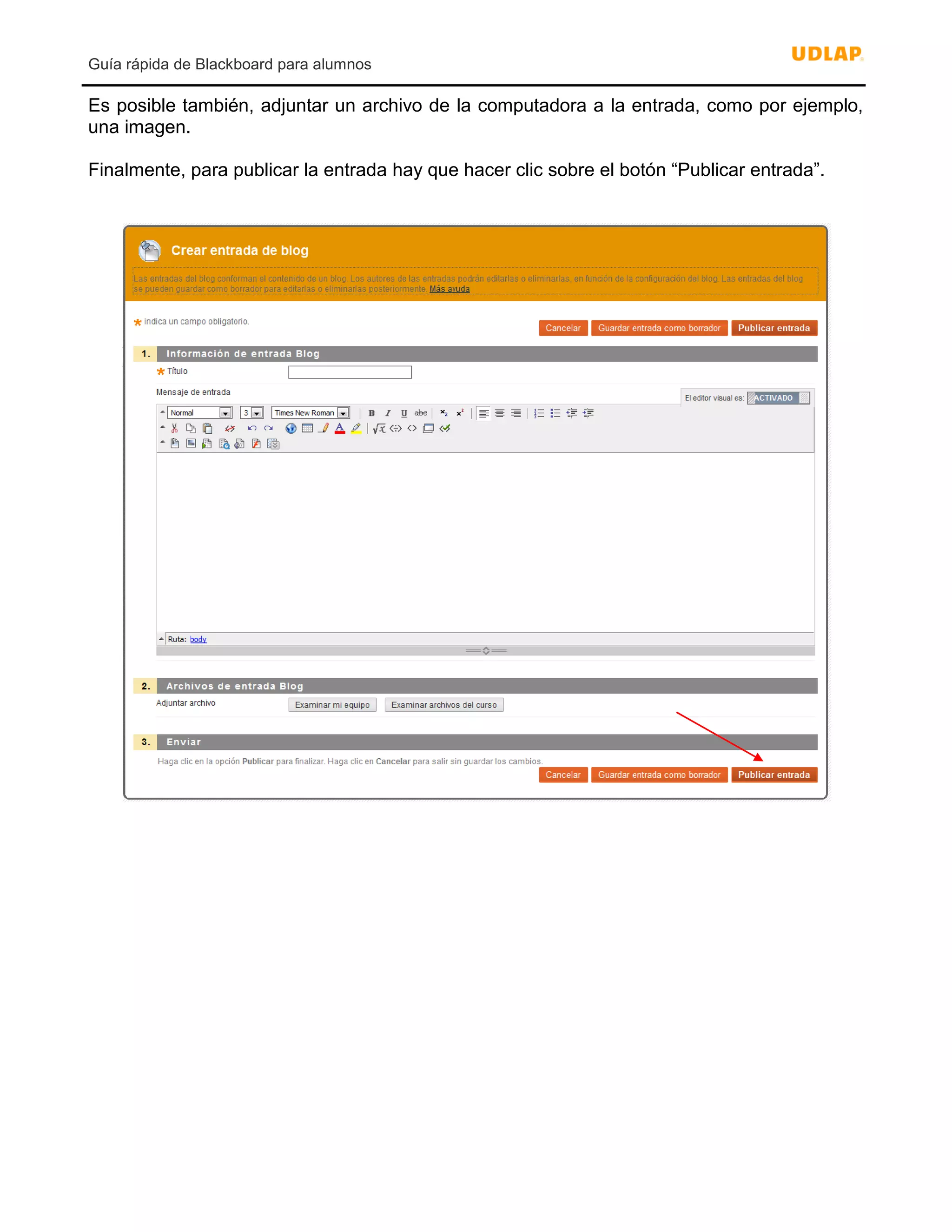 Guía rápida de Blackboard para alumnos
Es posible también, adjuntar un archivo de la computadora a la entrada, como por ejemplo,
una imagen.
Finalmente, para publicar la entrada hay que hacer clic sobre el botón “Publicar entrada”.
 