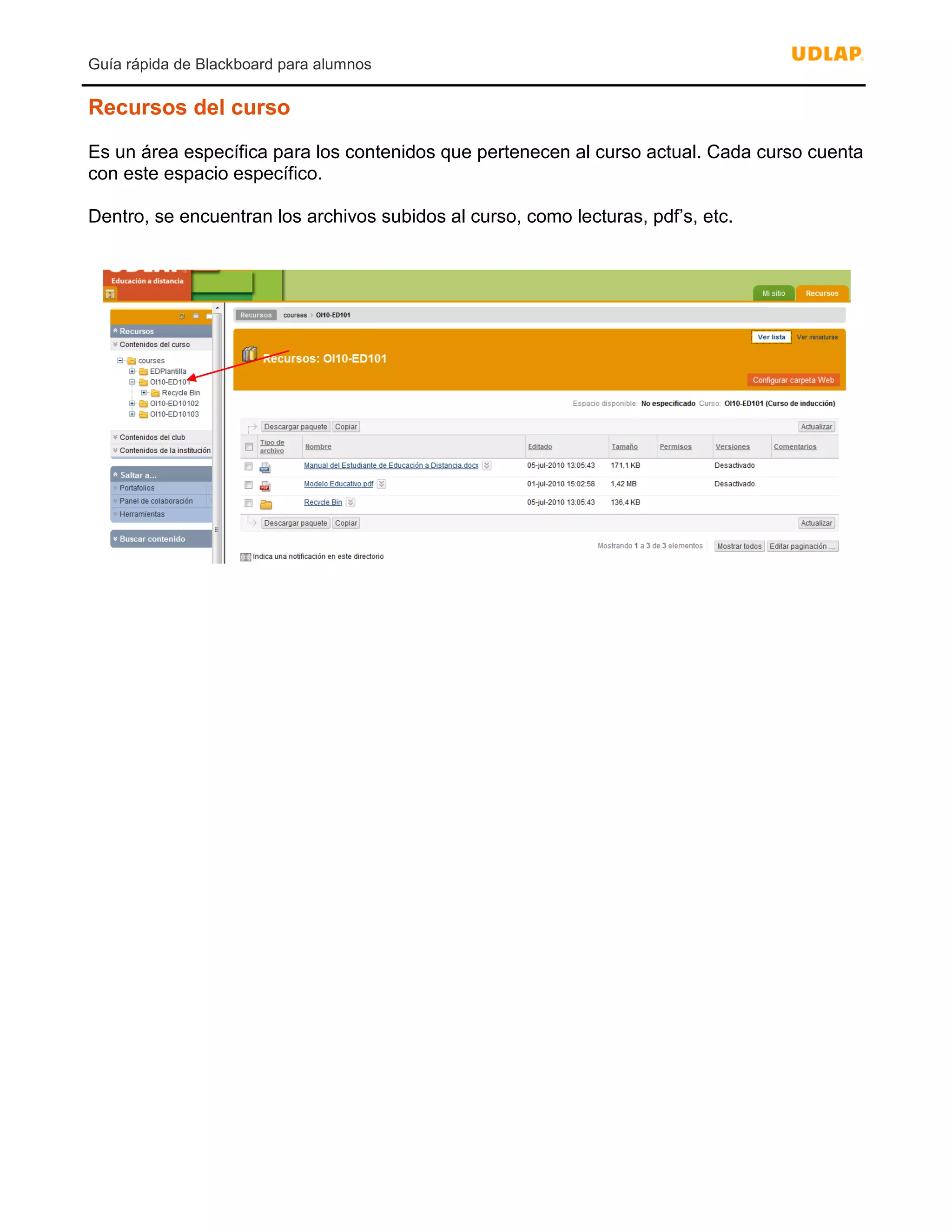Guía rápida de Blackboard para alumnos
Recursos del curso
Es un área específica para los contenidos que pertenecen al curso actual. Cada curso cuenta
con este espacio específico.
Dentro, se encuentran los archivos subidos al curso, como lecturas, pdf’s, etc.
 