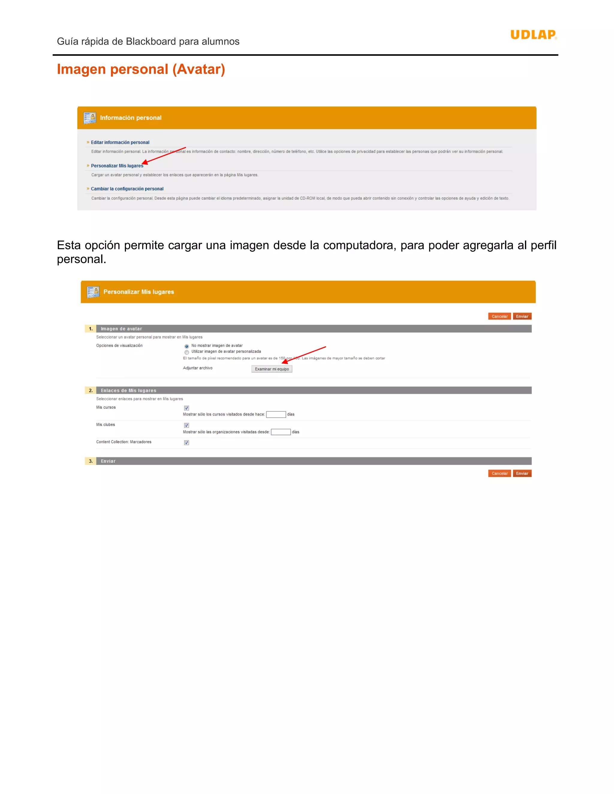 Guía rápida de Blackboard para alumnos
Imagen personal (Avatar)
Esta opción permite cargar una imagen desde la computadora, para poder agregarla al perfil
personal.
 