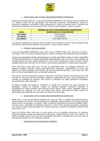 Manual Aluno - UNIP Página 7
c. DISCIPLINAS COM TUTORIA PREDOMINANTEMENTE PRESENCIAL
Conforme você pode observar, a nota da AVALIAÇÃO PRESENCIAL tem peso de 25% na média final
e é obtida a partir da sua participação nos encontros presenciais, contemplando, inclusive a
entrega de trabalho(s) solicitado(s) pelos professores ao longo do semestre letivo. Somente três
notas serão atribuídas como nota parcial (NP), conforme demonstrado no quadro a seguir:
NÚMERO DE FALTA NOS ENCONTROS PRESENCIAIS
NOTA DISCIPLINA DE 19 ENCONTROS
10,0 (DEZ) 0 A 4 FALTAS
7,0 (SETE) 5 A 8 FALTAS
0,0 (ZERO) 9 OU MAIS FALTAS
Já a nota da avaliação tem peso de 75% na média final e é obtida a partir de uma avaliação formal
e presencial, aplicada pelo professor da disciplina, no último dia do módulo.
d. FORMATO DAS AVALIAÇÕES
A nota da AVALIAÇÃO PRESENCIAL (AP), bem como do EXAME FINAL (EF), varia de 0,0 (zero) a
10,0 (dez). Todo o conteúdo correspondente ao módulo ministrado será cobrado nestas avaliações.
TODAS AS AVALIAÇÕES SERÃO COMPOSTAS DE 10 (DEZ) QUESTÕES SENDO 8 (OITO) QUESTÕES
DE MÚLTIPLA ESCOLHA E 2 (DUAS) QUESTÕES DISCURSIVAS. Cada uma das 8 (oito) questões de
múltipla escolha terá valor 0,625 (seiscentos e vinte e cinco centésimos) e cada uma das 2 (duas)
questões discursivas terá valor de 2,5 (dois e meio pontos), totalizando 10 (dez) pontos possíveis.
Caso você tenha tirado nota zero na nota de participação e/ou na avaliação presencial, em
qualquer disciplina ofertada, estará automaticamente reprovado, independente da outra nota
obtida e da média calculada. Assim sendo, não será considerado aprovado o aluno que tiver nota
zero na nota de participação e/ou na avaliação presencial.
Para cursar uma nova disciplina na qual foi reprovado, você deve requerer formalmente uma nova
inclusão de matrícula para esta disciplina mediante o pagamento de taxa (valor estabelecido no
contrato de prestação de serviço). Este serviço é oferecido em datas específicas divulgadas,
semestralmente, pela instituição.
As faltas ocorridas em função de problemas de saúde (com exceção dos casos previstos na
legislação), horário de trabalho, viagens ou questões pessoais relevantes comporão os
quantitativos de faltas utilizados para cálculo da nota parcial. Assim sendo, atestados médicos,
declarações de empresas, etc. não são aceitos para abonar percentual de faltas superior ao
determinado para obtenção de uma nota que viabilize sua aprovação.
e. DISCIPLINAS COM TUTORIA PREDOMINANTEMENTE INTERATIVA
Neste caso, a nota de participação também tem peso de 25% e é obtida pelo preenchimento e
entrega, dentro dos prazos, dos questionários de avaliação. Oportunamente, você será informado
sobre a forma de entrega e os prazos. Todos os demais mecanismos de cálculo da MÉDIA FINAL,
inclusive com a realização de avaliação presencial e exame final (quando necessário), obedecem
aos mesmos critérios das disciplinas com tutoria presencial, conforme já detalhado anteriormente
(vide itens C e E)
Caso você tenha tirado nota zero na nota parcial e/ou na avaliação presencial, em qualquer
disciplina ofertada, estará automaticamente reprovado, independente da outra nota obtida e da
média calculada. Assim sendo, não será considerado aprovado o candidato que tiver nota zero na
nota de participação e/ou na avaliação presencial.
f. RECUPERAÇÃO DE DISCIPLINAS PERDIDAS
 