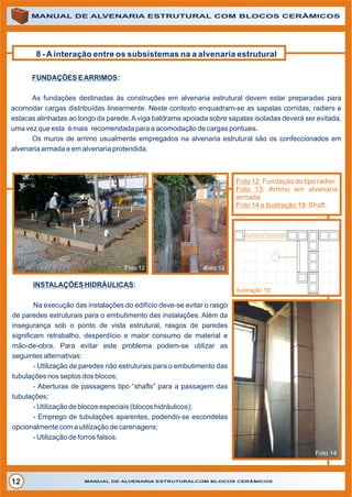 8 - A interação entre os subsistemas na a alvenaria estrutural
MANUAL DE ALVENARIA ESTRUTURAL COM BLOCOS CERÂMICOS
MANUAL DE ALVENARIA ESTRUTURALCOM BLOCOS CERÂMICOS12
Foto 12: Fundação do tipo radier.
Foto 13: Arrimo em alvenaria
armada.
Foto 14 e Ilustração 19: Shaft.
FUNDAÇÕES EARRIMOS:
As fundações destinadas às construções em alvenaria estrutural devem estar preparadas para
acomodar cargas distribuídas linearmente. Neste contexto enquadram-se as sapatas corridas, radiers e
estacas alinhadas ao longo da parede.A viga baldrame apoiada sobre sapatas isoladas deverá ser evitada,
uma vez que esta é mais recomendada para a acomodação de cargas pontuais.
Os muros de arrimo usualmente empregados na alvenaria estrutural são os confeccionados em
alvenaria armada e em alvenaria protendida.
Foto 12 Foto 13
INSTALAÇÕES HIDRÁULICAS:
Na execução das instalações do edifício deve-se evitar o rasgo
de paredes estruturais para o embutimento das instalações. Além da
insegurança sob o ponto de vista estrutural, rasgos de paredes
significam retrabalho, desperdício e maior consumo de material e
mão-de-obra. Para evitar este problema podem-se utilizar as
seguintes alternativas:
- Utilização de paredes não estruturais para o embutimento das
tubulações nos septos dos blocos;
- Aberturas de passagens tipo “shafts” para a passagem das
tubulações;
- Utilização de blocos especiais (blocos hidráulicos);
- Emprego de tubulações aparentes, podendo-se escondelas
opcionalmente com a utilização de carenagens;
- Utilização de forros falsos.
Foto 14
Ilustração 19
 