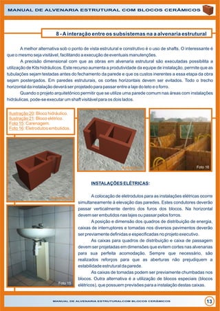 A melhor alternativa sob o ponto de vista estrutural e construtivo é o uso de shafts. O interessante é
que o mesmo seja visitável, facilitando a execução de eventuais manutenções.
A precisão dimensional com que as obras em alvenaria estrutural são executadas possibilita a
utilização de Kits hidráulicos. Este recurso aumenta a produtividade da equipe de instalação, permite que as
tubulações sejam testadas antes do fechamento da parede e que os custos inerentes a essa etapa da obra
sejam postergados. Em paredes estruturais, os cortes horizontais devem ser evitados. Todo o trecho
horizontal da instalação deverá ser projetado para passar entre a laje do teto e o forro.
Quando o projeto arquitetônico permitir que se utilize uma parede comum nas áreas com instalações
hidráulicas, pode-se executar um shaft visitável para os dois lados.
MANUAL DE ALVENARIA ESTRUTURALCOM BLOCOS CERÂMICOS
13
MANUAL DE ALVENARIA ESTRUTURAL COM BLOCOS CERÂMICOS
Ilustração 20
Foto 15
8 - A interação entre os subsistemas na a alvenaria estrutural
Ilustração 20: Bloco hidráulico.
Ilustração 21: Bloco elétrico.
Foto 15: Carenagem.
Foto 16: Eletrodutos embutidos.
INSTALAÇÕES ELÉTRICAS:
Acolocação de eletrodutos para as instalações elétricas ocorre
simultaneamente à elevação das paredes. Estes condutores deverão
passar verticalmente dentro dos furos dos blocos. Na horizontal
devem ser embutidos nas lajes ou passar pelos forros.
A posição e dimensão dos quadros de distribuição de energia,
caixas de interruptores e tomadas nos diversos pavimentos deverão
ser previamente definidas e especificadas no projeto executivo.
As caixas para quadros de distribuição e caixa de passagem
devem ser projetadas em dimensões que evitem cortes nas alvenarias
para sua perfeita acomodação. Sempre que necessário, são
realizados reforços para que as aberturas não prejudiquem a
estabilidade estrutural da parede.
As caixas de tomadas podem ser previamente chumbadas nos
blocos. Outra alternativa é a utilização de blocos especiais (blocos
elétricos), que possuem previsões para a instalação destas caixas.
Ilustração 21 Foto 16
 