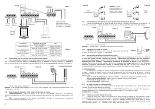 Ligar em
Sensor NF
Teclado
Fonte Fechadura Eletroímã
2
CD100
CD100
Ligar em Botoeira
Amelco NA
Ligar no Sistema
Recarregador Amelco.
Atenção para a polaridade
(C1 com +) e (C2 com –)
Fecho ou
Fechadura 12Vdc
Ligar em
110 Vca
Ligar em
220 Vca
-+
ou
Periféricos Distância do CD100
para os periféricos
Fios
Até 15 metros 22 AWG (0,65 mm²)Fechadura Elétrica
Acima de 15 até 50 metros 18 AWG (1 mm²)
Botão Adicional (NA) Até 50 metros 22 AWG (0,65 mm²)
Sensor (NF) Até 50 metros 22 AWG (0,65 mm²)
Até 10 metros 22 AWG (0,65 mm²)Sistema Recarregador
Amelco Acima de 10 até 30 metros 18 AWG (1 mm²)
4.2) INSTALAÇÃO DO AM-CDA100 COM FECHADURA ELETR0IMÃ
Utilize fios adequados, consulte o manual da fechadura eletroímã e utilize uma fonte com especificação adequada
para sua fechadura eletroímã. Interligue o negativo da fonte no negativo da fechadura, interligue o positivo da
fonte no terminal (C) do CD100, interligue o terminal (NF) do CD100 no terminal positivo da fechadura. Vide figura 2.
Para as outras ligações, vide figura 1.
Atenção: Se for acionar algum periférico 110 ou 220 Vac, não é permitido que a corrente de consumo exceda 4 A a
110 Vac ou 2 A a 220 Vac.
4.3) CONFIGURAÇÃO DA SAÍDA PARA TRANSISTORIZADA OU À RELÉ
TRANSISTORIZADA - Coloque os jumper’s J2, J3 e J4 para a posição PUL. Vide figura 3. O acionamento
pulsante saí programado de fábrica, caso não esteja programado para pulsante, vide capítulo de programações, item
5.4.
RELÉ - Coloque os jumper’s J2, J3 e J4 para a posição RET. Vide figura 4. Para programar o acionamento
retenção, vide capítulo de programações, item 5.4.
Figura 1
Tabela 2
Figura 2
Cores dos
fios. Vide
tabela 1
Figura 3 Figura 4
Porteiro Interfone
P P
FE
3
CD100
CD100
CD100
Saída
Transistorizada
CD100
Saída a
Relé
4.4) INTEGRAÇÃO DO AM-CDA100 E LINHA DE PORTEIRO RESIDENCIAL AMELCO
O fecho ou fechadura deve ser ligado na saída do AM-CDA100. Interligue respectivamente os terminais + e FE
do Porteiro aos terminais + e B1 do AM-CDA100, até 200 metros utilize fio 2X22 AWG (0,65 mm²). Vide figura 5.
Para as outras ligações, vide figura 1.
Atenção: É necessário ligar o Interfone e o AM-CDA100 na rede elétrica.
4.5) DIMINUIR O VOLUME DE TOQUE
O AM-CDA100 saí de fábrica com o volume de toque no alto, para diminuir
o volume de toque, retire o jumper J1. Vide figura 6.
4.6) INSTALAÇÃO DE DOIS TECLADOS EM UM CD100
Interligar os fios do Teclado em pararelo no CD100. A figura 1 mostra a ligação de um Teclado, para instalação
de mais um Teclado, efetuar a ligação em paralelo. Independente da fechadura que será acionada, é
necessário configurar para a saída à relé vide item 4.3; é necessário utilizar fonte externa adequada para a
fechadura que será acionada; a instalação é equivalente ao diagrama da figura 2, fique atento para a
utilização dos contatos do relé, por exemplo: NA e C para fechadura eletromagnética ou NF e C para fechadura
eletroimã; programar acionamento pulsante ou retenção vide item 5.4. Portanto, para instalação de dois
teclados é necessário utilizar fonte externa compatível com o consumo da fechadura que será acionada.
5) PROGRAMAÇÕES
As programações são feitas via Teclado sendo possível ao usuário acompanhar as confirmações ou erro através
de bip’s. Possibilita ao usuário alterar a senha de programação, criar ou alterar senha de acesso, selecionar
acionamento pulsante ou retenção, programar o tempo pulsante ou retenção, etc. A senha de programação que saí de
fábrica é 1234.
Entrar no modo de programação: Digitar a tecla PRG + 1234 aguardar 3 bip’s, led status fica piscando.
Sair do modo de programação: Digitar a tecla PRG aguardar 3 bip’s led status apaga.
Confirmação de programação: 2 bip’s curtos.
Erro de programação: 5 bip’s longos.
5.1) ALTERAR A SENHA DE PROGRAMAÇÃO
Está função é opcional, para maior segurança das programações, recomendamos que a senha de fábrica seja
alterada. A senha de programação tem 4 dígitos.
Estando no modo de programação, digitar 0 + NOVA SENHA aguardar 2 bip’s. Exemplo: Para programar a
senha de programação 4321, estando no modo de programação, digitar 0 + 4321 aguardar 2 bip’s.
NOVA SENHA = 4 dígitos.
5.2) CRIAR OU ALTERAR SENHA DE ACESSO
A senha de acesso tem 4 dígitos e é associado a um tipo de horário pré-definido de funcionamento. Como é
possível programar até 100 senhas, recomendamos a utilização da Tabela de Programação de Senhas, vide item 8.
Estando no modo de programação, digitar 1 + POSIÇÃO + HORÁRIO aguardar 2 bip’s, digitar SENHA DE ACESSO
aguardar 2 bip’s. Exemplo: Para programar a senha 3586 na posição 10 e horário irrestrito de funcionamento, estando
em programação, digitar 1 + 10 + 5 aguardar 2 bip’s, digitar 3586 aguardar 2 bip’s.
Atenção: É muito
importante verificar os
posicionamentos dos
jumper’s para o tipo de
acionamento desejado.
Figura 5
Figura 6
 