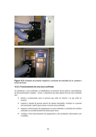 90
Figura 12.2 Unidades de pressão negativa e condutas de exaustão do ar, janelas e
sinais de aviso.
12.3.3 Funcionamento de uma zona confinada
Ao abandonar a zona confinada, os trabalhadores aí presentes devem aplicar o procedimento
de descontaminação completo. Assim, é importante que haja alguém fora da zona confinada
que:
• facilite a comunicação entre as pessoas que estão no interior e as que estão no
exterior;
• controle a entrada de pessoas através da câmara intermédia, verifique se o pessoal
está autorizado, registe quem entrou e saiu da zona confinada;
• organize o fornecimento de equipamento na zona confinada e a remoção dos resíduos
ensacados (ou acondicionados) da câmara para sacos;
• verifique o bom funcionamento do equipamento e das instalações relacionados com
o trabalho.
 