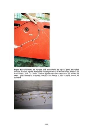 101
Figura 12.9 O sistema de injecção com escoamento de água a partir dos vários
orifícios de cada agulha. Fotografia cedida pelo HSE do Reino Unido, extraída do
manual HSG 274. © Crown. Material reproduzido com autorização do director da
HMSO (Her Majesty’s Stationery Office) e do Office of the Queen's Printer for
Scotland.
 
