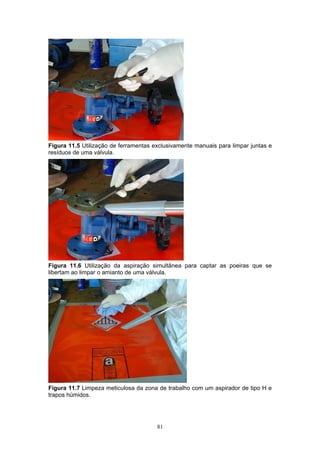 81
Figura 11.5 Utilização de ferramentas exclusivamente manuais para limpar juntas e
resíduos de uma válvula.
Figura 11.6 Utilização da aspiração simultânea para captar as poeiras que se
libertam ao limpar o amianto de uma válvula.
Figura 11.7 Limpeza meticulosa da zona de trabalho com um aspirador de tipo H e
trapos húmidos.
 