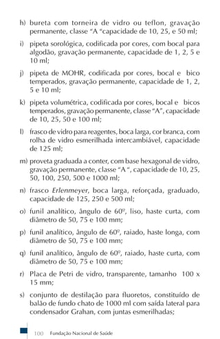 Fundação Nacional de Saúde100
h) bureta com torneira de vidro ou teflon, gravação
permanente, classe “A “capacidade de 10, 25, e 50 ml;
i) pipeta sorológica, codificada por cores, com bocal para
algodão, gravação permanente, capacidade de 1, 2, 5 e
10 ml;
j) pipeta de MOHR, codificada por cores, bocal e bico
temperados, gravação permanente, capacidade de 1, 2,
5 e 10 ml;
k) pipeta volumétrica, codificada por cores, bocal e bicos
temperados, gravação permanente, classe “A”, capacidade
de 10, 25, 50 e 100 ml;
l) frasco de vidro para reagentes, boca larga, cor branca, com
rolha de vidro esmerilhada intercambiável, capacidade
de 125 ml;
m) proveta graduada a conter, com base hexagonal de vidro,
gravação permanente, classe “A “, capacidade de 10, 25,
50, 100, 250, 500 e 1000 ml;
n) frasco Erlenmeyer, boca larga, reforçada, graduado,
capacidade de 125, 250 e 500 ml;
o) funil analítico, ângulo de 60º, liso, haste curta, com
diâmetro de 50, 75 e 100 mm;
p) funil analítico, ângulo de 60º, raiado, haste longa, com
diâmetro de 50, 75 e 100 mm;
q) funil analítico, ângulo de 60º, raiado, haste curta, com
diâmetro de 50, 75 e 100 mm;
r) Placa de Petri de vidro, transparente, tamanho 100 x
15 mm;
s) conjunto de destilação para fluoretos, constituído de
balão de fundo chato de 1000 ml com saída lateral para
condensador Grahan, com juntas esmerilhadas;
 
